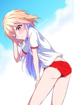 1girl ass bare_legs buruma butt_crack commentary_request gym_uniform hamiyun highres idolmaster idolmaster_cinderella_girls long_hair looking_down multicolored_hair ninomiya_asuka one_eye_closed pink_eyes red_buruma signature solo sweat twitter_username two-tone_hair