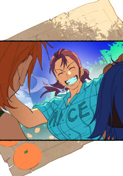 3girls ^_^ bellemere blue_hair blue_sky chamsut0905 cigarette closed_eyes food fruit grin happy headpat highres mandarin_orange map mohawk mother_and_daughter multiple_girls nami_(one_piece) nojiko_(one_piece) one_piece orange_hair red_hair short_hair short_sleeves sidelocks sky smile smoking