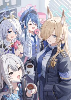 4girls absurdres ahoge animal_ear_fluff animal_ears antenna_hair armband black_jacket blonde_hair blue_archive blue_armband blue_eyes blue_hair blue_halo blue_hat blue_jacket blue_necktie blue_shirt blue_skirt blue_vest breasts closed_eyes closed_mouth coffee coffee_mug collared_shirt commentary cup disposable_cup dog_ears dog_girl donut extra_ears floral_print floral_print_shirt food from_above fubuki_(blue_archive) grey_eyes grey_hair grey_halo hair_between_eyes hair_over_one_eye halo hand_in_pocket hat hawaiian_shirt highres holding holding_cup holding_donut holding_food jacket kanna_(blue_archive) kirino_(blue_archive) konoka_(blue_archive) large_breasts long_braid long_hair looking_at_viewer mask mask_pull mouth_mask mug multiple_girls necktie notched_ear open_clothes open_jacket open_mouth pink_halo police police_hat police_uniform policewoman shirt simoumi_217 skirt smile surgical_mask tea teabag twintails very_long_hair vest white_hair white_jacket white_mask