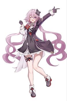 1girl ;d dress evernight_(honkai:_star_rail) flower frills full_body gloves hair_flower hair_ornament hashtag-only_commentary highres honkai:_star_rail honkai_(series) layered_dress long_hair march_7th_(honkai:_star_rail) multicolored_eyes one_eye_closed open_mouth pink_hair rumi_(xafv5772) shoes smile solo thigh_strap two-tone_eyes very_long_hair white_background wrist_cuffs