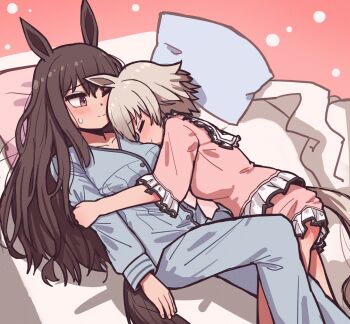 Rule 34 | 2girls, admire vega (umamusume), animal ears, blue pants, blue shirt, blush, brown hair, closed eyes, closed mouth, commentary request, cuddling, curren chan (umamusume), grey hair, highres, horse ears, horse girl, horse tail, jin (jinkwon1147), korean commentary, long hair, long sleeves, multiple girls, on bed, pajamas, pants, pillow, pink eyes, pink shirt, pink shorts, shirt, shorts, smile, tail, umamusume, yuri
