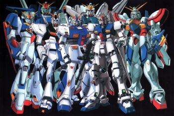 1990s_(style) beam_rifle black_background char&#039;s_counterattack commentary energy_gun english_commentary f91_gundam g_gundam god_gundam gundam gundam_0080 gundam_0083 gundam_alex gundam_f91 gundam_gp-01_zephyranthes gundam_zz magazine_scan mecha mecha_focus mobile_suit naka_morifumi newtype no_humans nu_gundam retro_artstyle robot scan science_fiction traditional_media v-fin weapon zeta_gundam zeta_gundam_(mobile_suit) zz_gundam