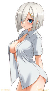 1girl arms_behind_back blue_eyes blush breasts commentary_request cowboy_shot dated eyes_visible_through_hair grey_hair hair_ornament hair_over_one_eye hairclip hamakaze_(kancolle) kantai_collection large_breasts looking_at_viewer naked_shirt no_bra no_panties one-hour_drawing_challenge open_clothes open_mouth open_shirt ray.s shirt short_hair simple_background solo twitter_username white_background white_shirt