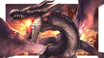 absurdres black_scales border breath_weapon breathing_fire dragon dragon_horns fatalis fire highres horns looking_at_viewer monster monster_focus monster_hunter_(series) no_humans open_mouth orange_eyes ruins sharp_teeth shiburingaru slit_pupils solo spread_wings teeth western_dragon white_border