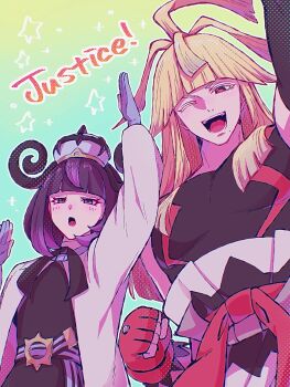 Rule 34 | 1boy, 1girl, :o, ;d, arm up, belt, belt buckle, black dress, black gloves, black hair, black shirt, blonde hair, blue gloves, blunt bangs, blush, bob cut, brother and sister, buckle, clenched hand, coat, commentary request, dress, english text, eyelashes, fingerless gloves, gloves, gradient hair, gwynn (pokemon), highres, ivor (pokemon), long hair, long sleeves, looking at viewer, misomiso 58, mole, mole under mouth, multicolored hair, nintendo, o-ring, o-ring belt, one eye closed, open clothes, open coat, open mouth, outline, partially fingerless gloves, pokemon, pokemon legends: z-a, purple eyes, purple hair, red eyes, shirt, short hair, siblings, smile, star (symbol), teeth, tongue, upper body, white coat, white outline