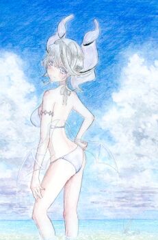 1girl absurdres aotake_tomo bikini closed_mouth cloud commentary_request duel_monster from_behind grey_bikini grey_eyes grey_hair highres horns looking_back lovely_labrynth_of_the_silver_castle ocean outdoors painting_(medium) short_hair solo swimsuit traditional_media wading watercolor_(medium) yu-gi-oh!