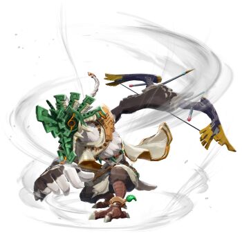 1boy absurdres animal_feet animal_helmet anklet arm_up arrow_(projectile) artist_request bird_legs bird_tail body_fur bow_(weapon) braid claws covered_face feathered_wings feet full_body gold_trim green_helmet grey_fur grey_wings hair_ornament helm helmet highres holding holding_bow_(weapon) holding_weapon hyrule_warriors:_age_of_imprisonment jewelry leaning_forward long_hair magatama male_focus official_art outstretched_arm pelvic_curtain raphica_(zelda) simple_background single_braid solo squatting tail the_legend_of_zelda the_legend_of_zelda:_tears_of_the_kingdom transparent_background two-tone_fur weapon white_fur white_hair wind winged_arms wings