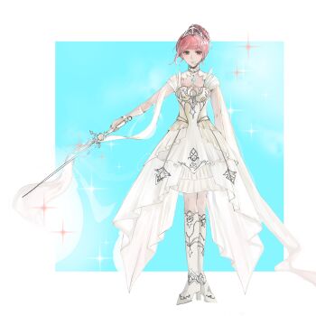 1girl absurdres armor armored_boots blue_background boots border breastplate brown_eyes chinese_commentary closed_mouth cloud coattails collar commentary_request detached_collar dress expressionless full_body hair_bun highres holding holding_sword holding_weapon infinity_nikki knee_boots light_blush looking_at_viewer medium_dress melody_bloom_(infinity_nikki) nikki_(nikki) nikki_(series) outside_border outstretched_arm pink_hair pleated_dress rapier ribbon short_hair short_sleeves single_hair_bun solo sparkle standing straight-on sword tiara updo weapon white_arm_warmers white_boots white_border white_collar white_dress white_ribbon yaza901798