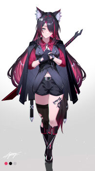 1girl absurdres adjusting_clothes adjusting_gloves animal_ear_fluff animal_ears belt black_coat black_gloves black_hair black_shorts boots coat coat_on_shoulders commentary_request fingerless_gloves gloves hair_over_one_eye highres leg_tattoo long_hair miya-chan_(lightning0730) multicolored_hair navel navel_peek necktie original red_hair red_shirt red_streaks shirt shorts signature simple_background single_thighhigh sleeves_rolled_up streaked_hair sword sword_on_back tail tattoo thighhighs thighs torn_clothes torn_thighhighs two-tone_hair weapon weapon_on_back wolf wolf_ears wolf_girl wolf_tail