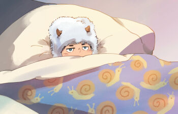 1boy a_mimir_(meme) blanket blue_eyes blush chibi child fur_hat hat in_bed jojo_no_kimyou_na_bouken meme norue pillow sleeping snail snail_print solo stone_ocean weather_report aged_down