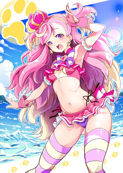 1girl adapted_costume armband bikini bikini_skirt blonde_hair blue_sky bow breasts brooch cloud cloudy_sky commentary_request crown cure_wonderful day earrings frilled_bikini frills hairband hamuhamu heart heart_brooch inukai_komugi jewelry long_hair looking_at_viewer magical_girl mini_crown mismatched_bikini multicolored_hair navel ocean open_mouth outdoors partial_commentary pink_bikini pink_hair pink_thighhighs precure purple_bikini purple_bow purple_eyes ribs side-tie_bikini_bottom sky small_breasts smile solo standing striped_clothes striped_thighhighs swimsuit thighhighs two-tone_hair two_side_up waving wonderful_precure! wrist_cuffs yellow_hairband yellow_thighhighs