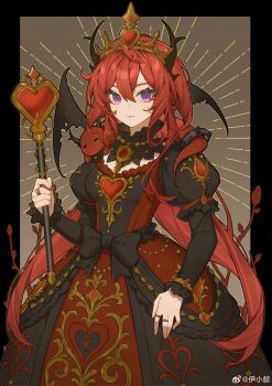 1girl absurdres alice&#039;s_adventures_in_wonderland alternate_costume animal animal_around_neck animal_on_shoulder arknights black_dress black_horns black_ribbon closed_mouth cosplay cowboy_shot crown dress expressionless hair_between_eyes heart_scepter highres holding holding_scepter horns jewelry long_hair long_sleeves looking_at_viewer multicolored_dress puffy_sleeves purple_eyes queen_of_hearts_(alice_in_wonderland) queen_of_hearts_(alice_in_wonderland)_(cosplay) red_dress red_hair ribbon ring scepter solo surtr_(arknights) torn_wings watermark weibo_watermark wings yellow_dress yixiaoyi