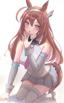Rule 34 | 1girl, ahoge, animal ears, bare shoulders, blue eyes, blush, breasts, brown hair, commentary request, detached sleeves, grey hairband, grey leotard, grey skirt, grey sleeves, hair between eyes, hairband, highleg, highleg leotard, highres, horse ears, horse girl, horse tail, large breasts, leotard, long hair, looking at viewer, lowleg, lowleg skirt, mihono bourbon (mb-19890425) (umamusume), mihono bourbon (umamusume), necktie, necktie overhang, parted lips, pink necktie, shoes, silver hairband, skirt, solo, tail, thighhighs, umamusume, uryua0324, w, white leotard, white thighhighs