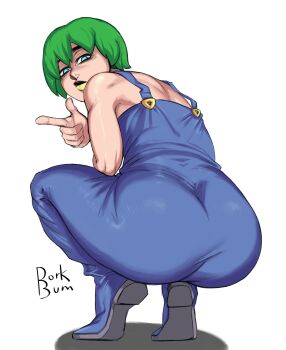 1girl ass blue_eyes dorkbum foo_fighters_(jojo) green_hair highres jojo_no_kimyou_na_bouken looking_at_viewer overalls pointing solo squatting stone_ocean white_background