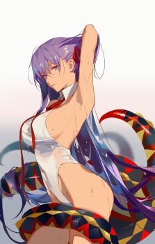 1girl absurdres bb_(fate) bb_(swimsuit_mooncancer)_(third_ascension)_(fate) breasts cherrymaru eldritch_abomination fate/grand_order fate_(series) highres large_breasts long_hair looking_at_viewer nyarlathotep possessed possession purple_eyes purple_hair tentacles thighs very_long_hair wet