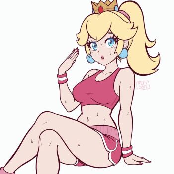 1girl animated blonde_hair blue_eyes blush breasts crown dolphin_shorts earrings furrowed_brow highres hot jewelry large_breasts lips looking_at_viewer mario_(series) muis0802 nail_polish nintendo pink_shorts pink_sports_bra ponytail princess_peach shorts sitting solo sphere_earrings sports_bra sweat tagme video waving_hands white_background