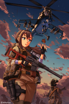 1girl ahoge aircraft assault_rifle attack_helicopter blurry brown_hair bug butterfly cloud depth_of_field fingerless_gloves freckles from_below gloves green_eyes gun handgun helicopter helmet highres holster insect load_bearing_equipment load_bearing_vest long_hair low-tied_long_hair mask mi-24 military military_uniform military_vehicle monarch_butterfly ndtwofives original pistol rifle rocket_launcher rocket_pod rpg_(weapon) shirt silhouette ski_mask sky sleeves_rolled_up sniper_rifle soldier star_(sky) striped_clothes striped_shirt sunset telnyashka thigh_holster trigger_discipline twitter_username ub-32_(rocket_pod) weapon