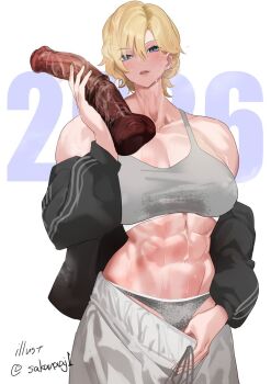 1girl abs aji_(sakanaaj1) bare_shoulders blue_eyes blush breasts cleavage collarbone commentary_request dildo hair_between_eyes holding holding_sex_toy horse_dildo huge_dildo large_breasts looking_at_viewer muscular muscular_female navel open_mouth original sex_toy solo sports_bra sweat thighs toned white_background