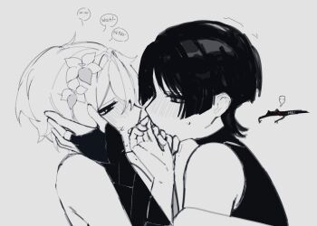 1boy 1girl armor artist_name artist_self-insert bare_shoulders blunt_ends blush bodysuit bridal_gauntlets clothes_down couple english_text flower from_side genshin_impact hair_flower hair_ornament half-closed_eyes hand_on_another's_face hetero highres japanese_armor kote looking_at_another lumine_(genshin_impact) mei_x_02 middle_ring monochrome open_hands open_mouth scaramouche_(genshin_impact) short_hair speech_bubble sweatdrop trembling wanderer_(genshin_impact)