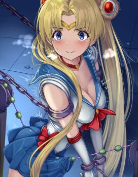 1girl bdsm bishoujo_senshi_sailor_moon bishoujo_senshi_sailor_moon_s blonde_hair blue_eyes blue_skirt blush bondage bound breasts breath chain cleavage cowboy_shot crescent crescent_earrings crotch_rub derivative_work double_bun earrings elbow_gloves female_focus gloves hair_bun highres jewelry long_hair looking_at_viewer machine medium_breasts meme monikano restrained rope_walking sailor_moon sailor_moon_redraw_challenge_(meme) school_uniform serafuku sex_machine skirt solo sweat tiara twitching very_long_hair