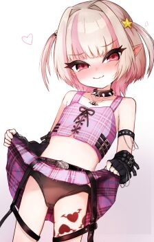 1girl black_panties blush clothes_lift commentary_request fingerless_gloves gloves hair_ornament highres huucha_(cpaf5377) lifting_own_clothes loli makaino_ririmu multicolored_hair nijisanji paid_reward_available panties pointy_ears skirt skirt_lift solo star_(symbol) star_hair_ornament underwear variant_set