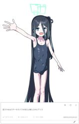Rule 34 | 1girl, absurdly long hair, aris (blue archive), azmira1534815, black hair, black one-piece swimsuit, blue archive, blue eyes, blush, covered navel, flat chest, halo, hand up, highres, long hair, looking at viewer, one-piece swimsuit, open mouth, school swimsuit, smile, solo, swimsuit, very long hair, waving