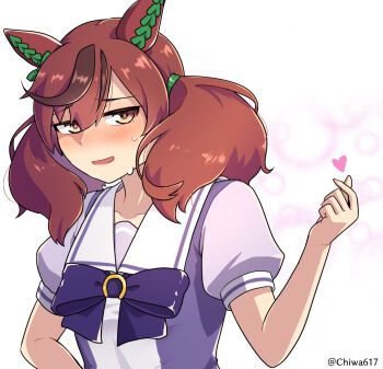 1girl animal_ears blush bow brown_eyes brown_hair chiwa_(chiwa0617) commentary_request ear_bow finger_heart green_bow hair_between_eyes hand_up horse_ears looking_at_viewer multicolored_hair nervous_smile nice_nature_(umamusume) nose_blush puffy_short_sleeves puffy_sleeves purple_bow purple_shirt school_uniform shirt short_sleeves smile solo streaked_hair sweat tracen_school_uniform twintails umamusume upper_body white_background