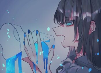 1girl black_hair blue_eyes blue_nails collared_shirt commentary_request fingernails grey_background grey_shirt holding holding_megaphone long_hair megaphone open_mouth original profile shinjitsu_no_kuchi shirt solo upper_body