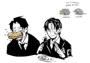 Rule 34 | 2boys, absurdres, black hair, black necktie, black suit, burger, collared shirt, eating, english text, food, formal clothes, hedgehog, highres, holding, holding spork, knife, limbus company, mouse (animal), multiple boys, necktie, project moon, rien (project moon), roland (project moon), shirt, short hair, simple background, spork, suit, white background, white shirt, white streaks, wingzerorx93