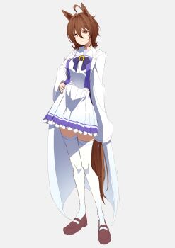 1girl absurdres agnes_tachyon_(umamusume) ahoge animal_ears bow bowtie breasts brown_hair coat full_body gorioshi0802 hair_between_eyes highres horse_ears horse_girl horse_tail lab_coat long_sleeves looking_at_viewer medium_breasts medium_hair pleated_skirt purple_bow purple_bowtie purple_shirt red_eyes sailor_collar sailor_shirt school_uniform shirt skirt solo tail thighhighs tracen_school_uniform umamusume white_sailor_collar white_skirt white_thighhighs wolf_cut zettai_ryouiki