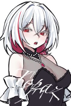 1girl absurdres bare_shoulders black_dress blood breasts colored_inner_hair commentary detached_sleeves dress english_commentary fangs highres honkai:_star_rail honkai_(series) jewelry large_breasts looking_at_viewer miclipse multicolored_hair necklace red_eyes red_hair short_hair solo topaz_(honkai:_star_rail) upper_body vampire white_hair