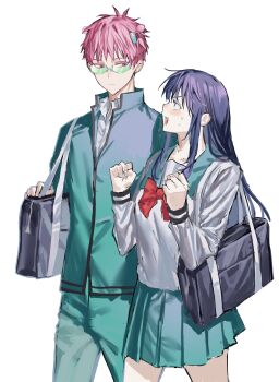 1boy 1girl absurdres bag bow chamuring clenched_hands commentary_request cowboy_shot green-tinted_eyewear green_skirt highres korean_commentary long_hair long_sleeves looking_at_another pink_hair pleated_skirt red_bow saiki_kusuo saiki_kusuo_no_psi_nan school_bag school_uniform shirt simple_background skirt teruhashi_kokomi tinted_eyewear walking white_background white_shirt