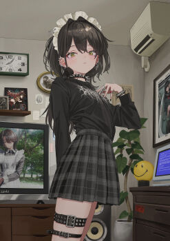 Rule 34 | 1girl, absurdres, air conditioner, analog clock, black choker, black hair, black nails, black shirt, black skirt, blush, bracelet, choker, clock, closed mouth, cowboy shot, double-parted bangs, drawer, ear piercing, gishiki (gshk), hair between eyes, hair intakes, hand up, highres, indoors, jewelry, long hair, long sleeves, looking at viewer, maid headdress, monitor, original, piercing, plaid clothes, plaid skirt, plant, pleated skirt, potted plant, ring, shelf, shirt, skirt, solo, spiked bracelet, spiked choker, spikes, television, thigh strap, yellow eyes