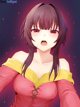 Rule 34 | 1girl, absurdres, alternate breast size (larger), artist name, bare shoulders, blunt bangs, blush, breasts, brown hair, cleavage, collarbone, cosplay, dress, fang, hair intakes, highres, kono subarashii sekai ni shukufuku wo!, long sleeves, looking at viewer, lori hagami, medium breasts, medium hair, megumin, off-shoulder dress, off shoulder, open mouth, purple background, red dress, red eyes, short hair with long locks, sidelocks, solo, upper body