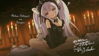Rule 34 | 1girl, :3, ahoge, assault lily, barefoot, black dress, black gloves, candlestand, chabi (amedama), character name, commentary request, commission, dress, elbow gloves, gloves, hairband, heart, indoors, lolita hairband, long hair, looking at viewer, miriam hildegard von gropius, purple hair, sitting, skeb commission, solo, stuffed animal, stuffed rabbit, stuffed toy, twintails, very long hair