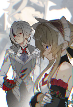 1boy 2girls anger_vein arlecchino_(genshin_impact) bare_shoulders black_hair blue_eyes brown_hair closed_mouth detached_sleeves dottore_(genshin_impact) from_side genshin_impact gloves grey_hair long_sleeves looking_to_the_side multicolored_hair multiple_girls parted_lips sandrone_(genshin_impact) scottie_(phantom2) symbol-shaped_pupils two-tone_hair white_gloves x-shaped_pupils