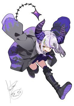 1girl absurdres ahoge black_boots black_jacket black_tail boots commentary_request cross_hair_ornament demon_horns ear_piercing fang fire flame_print full_body grey_hair hair_ornament hanten_(hantennano) highres hololive horns hunched_over jacket la+_darknesss la+_darknesss_(casual) long_hair looking_at_viewer lower_teeth_only multicolored_hair necktie official_alternate_costume open_mouth outstretched_arms piercing plaid_clothes plaid_skirt pointy_ears purple_fire purple_hair purple_horns purple_necktie purple_skirt shoe_soles sidelocks signature simple_background skin_fang skirt sleeves_past_fingers sleeves_past_wrists slit_pupils smile solo spread_arms streaked_hair striped_horns teeth very_long_sleeves virtual_youtuber white_background yellow_eyes