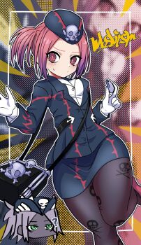 2girls ? abstract_background artist_name bag belt belt_around_waist black_bag black_belt black_hat black_pantyhose blue_jacket blue_skirt blurry blurry_background blush border breasts character_background character_request chibi chibi_inset closed_mouth commentary_request gloves green_eyes halftone halftone_background hat hat_ornament highres holding holding_whistle jacket jitome leg_up long_sleeves looking_to_the_side medium_breasts multicolored_jacket multiple_girls outline pantyhose pencil_skirt pink_hair pink_shoes raised_eyebrow red_eyes red_jacket red_skirt red_trim shirt shoes short_hair shoulder_bag skeleton_print skirt skull_and_crossbones skull_hat_ornament skull_print solo_focus sweatdrop tour_guide_from_the_underworld twintails two-tone_jacket two-tone_skirt wadatsumi_(sense11531153) whistle white_border white_gloves white_hair white_outline white_shirt yu-gi-oh! zoom_layer