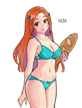 1girl bare_shoulders bleach bra bread breasts brown_eyes closed_mouth collarbone female_focus food hair_ornament hairclip holding_bread inoue_orihime large_breasts legs_together long_hair navel orange_hair panties shiny_skin simple_background smile snowflake_hair_ornament solo solo_focus standing stomach thighs underwear watcher_hollow white_background