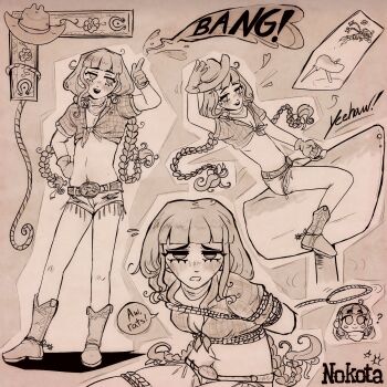 1girl ? alternate_costume alternate_hairstyle bdsm belt bondage boots bound braid breasts character_name cleavage cowboy_hat crop_top english_text hat heart long_hair missing_tooth monochrome navel nokota_(roseary) open_mouth original restrained riding rope roseary shirt short_sleeves shorts small_breasts sound_effects speech_bubble twin_braids