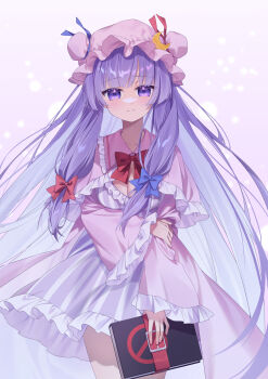 1girl absurdres blue_bow book bow bowtie breasts bun_cover cleavage closed_mouth commentary_request cowboy_shot crescent crescent_hat_ornament dress frilled_dress frilled_sleeves frills hair_bow hand_on_own_arm hat hat_ornament highres holding holding_book large_breasts long_hair long_sleeves looking_at_viewer mobile_suit patchouli_knowledge pink_dress pink_hat poppy_(poppykakaka) puffy_sleeves purple_dress purple_eyes red_bow red_bowtie smile solo standing striped_clothes striped_dress touhou very_long_hair