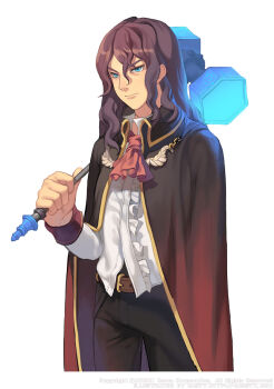 1boy ascot black_cloak black_pants blue_eyes brown_hair caesty center_frills cloak collared_cloak commentary_request cowboy_shot dated_commentary dress_pants dress_shirt emile_muret fantasy frilled_shirt_collar frills glowing glowing_weapon hair_between_eyes high_collar holding holding_mallet holding_weapon korean_commentary light_frown long_sleeves looking_at_viewer male_focus mallet medium_hair nexon nose official_art pants popped_collar production_art red_ascot red_cloak shirt simple_background sleeve_cuffs tales_weaver two-tone_cloak v-shaped_eyebrows wavy_hair weapon white_background white_shirt white_sleeves