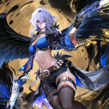 Rule 34 | 1girl, absurdres, ammunition belt, belt, black jacket, blue bra, blue hands, bra, breasts, closed mouth, commentary, criss-cross straps, cropped jacket, english commentary, galbrena (wuthering waves), gun, hair intakes, highres, holding, holding gun, holding weapon, jacket, large breasts, looking at viewer, navel, nervi fd, pantyhose, purple eyes, short shorts, shorts, simple background, single leg pantyhose, solo, thigh strap, toned, underwear, very long fingernails, weapon, white hair, wide sleeves, wuthering waves