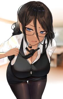 1girl adjusting_clothes adjusting_necktie amanda_(oni_noodle) black_vest blue_eyes blurry blurry_background braid breasts brown_hair cleavage collared_shirt commentary cowboy_shot earrings english_commentary female_focus glasses highres jewelry large_breasts leaning_forward long_hair mole mole_under_mouth necktie oni_kanzei open_mouth original pantyhose partially_unbuttoned pencil_skirt shirt skirt solo sweat sweaty_clothes thigh_gap vest white_shirt