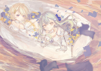 2girls absurdres bang_dream! bang_dream!_it&#039;s_mygo!!!!! blonde_hair blue_hair boat choker commentary dress gloves highres latte_bf long_hair misumi_uika multiple_girls open_mouth purple_eyes short_hair togawa_sakiko watercraft wedding_dress white_choker white_dress white_gloves yellow_eyes