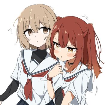 2girls :t ? black_choker blush blush_stickers brown_eyes brown_hair choker closed_mouth commentary_request double-parted_bangs giryu grabbing_another&#039;s_arm hair_between_eyes highres layered_sleeves long_bangs long_hair long_sleeves multiple_girls neckerchief pout red_eyes red_neckerchief sailor_collar sailor_shirt school_uniform shirt short_hair short_over_long_sleeves short_sleeves simple_background undershirt v-shaped_eyebrows watashi_wo_tabetai_hitodenashi white_background white_sailor_collar white_shirt yaotose_hinako yashiro_miko yellow_eyes yuri
