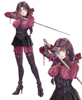 Rule 34 | 1girl, absurdres, black corset, bodysuit, boots, bound, braid, braided twintails, breasts, brown hair, commentary request, corset, garter straps, green eyes, hair over shoulder, high heel boots, high heels, highres, holding, holding sword, holding weapon, lace-up boots, large breasts, latex, latex bodysuit, leveen, multiple views, original, rapier, simple background, single braid, sword, thigh boots, third-party source, tied up (nonsexual), tongue, tongue out, weapon, white background