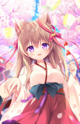 Rule 34 | 1boy, 1girl, :d, animal ear fluff, animal ears, bell, black bow, bow, branch, breasts, brown hair, cherry blossoms, commentary request, day, ear bow, flower, food, fruit, hair between eyes, hakama, hakama skirt, highres, holding, holding food, japanese clothes, jingle bell, kimono, long hair, long sleeves, marshmallow, medium breasts, mito mashiro, obi, open mouth, outdoors, pink flower, purple eyes, red bow, red hakama, ryuuka sane, sash, skirt, smile, solo focus, strawberry, tayutama, very long hair, white kimono, wide sleeves