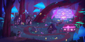 :d absurdres alcremie alcremie_(strawberry_sweet) backpack bag ballonlea_city brown_bag brown_hair building cardigan chinchou commentary dress fence forest galarian_form galarian_ponyta gen_2_pokemon gen_6_pokemon gen_8_pokemon giant_mushroom gloria_(pokemon) grass green_headwear grey_cardigan hat hattrem highres hood hood_down hooded_cardigan house inkay long_sleeves mushroom nature night nintendo open_mouth outdoors outstretched_arm path pink_dress pointing pokemon pokemon_(creature) pokemon_swsh road scorbunny short_hair smile tam_o'_shanter tree wildmoriko