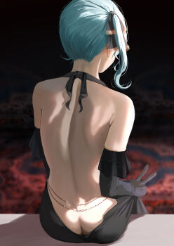 1girl absurdres ass back black_dress black_gloves blue_hair butt_crack commentary_request commission dress elbow_gloves evening_gown from_behind gloves highres hololive hoshimachi_suisei jewelry long_hair no_panties pixiv_commission side_ponytail sitting solo tama_(tamago) virtual_youtuber